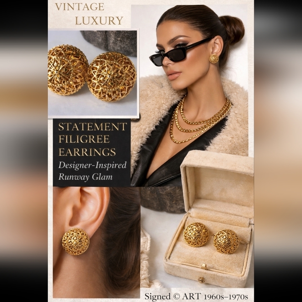 Vintage ART Gold Filigree Dome Statement Earrings 60s 70s Designer Style - Picture 9 of 9